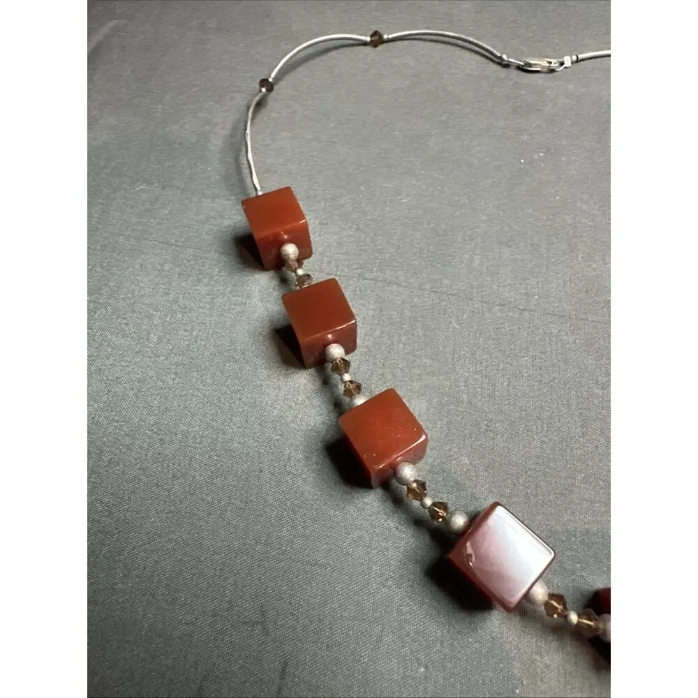 Vintage Old Silver 925 Red Squares And Silver Beads Beautiful Necklace Rare
